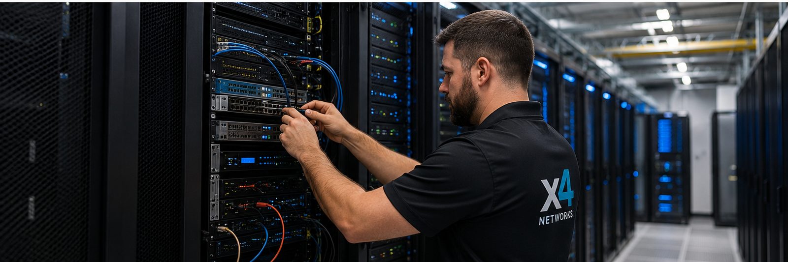 X4 Networks engineer working in a datacenter rack