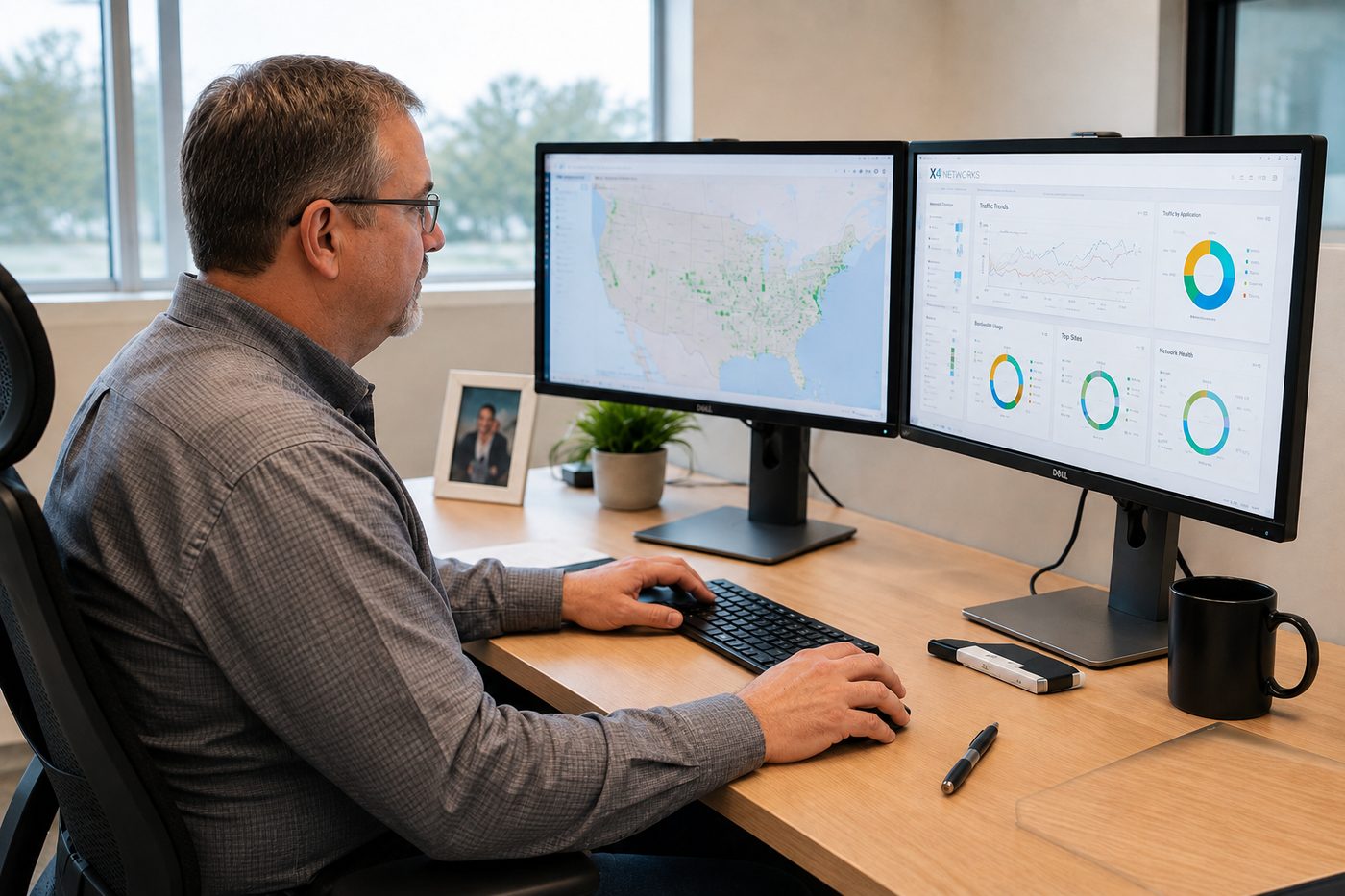 X4 Networks engineer reviewing network monitoring on dual displays